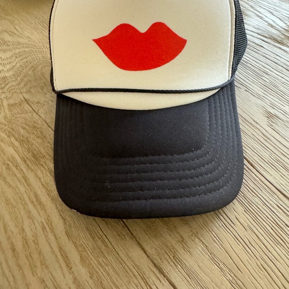 Black and White Cap with Red Lips Design